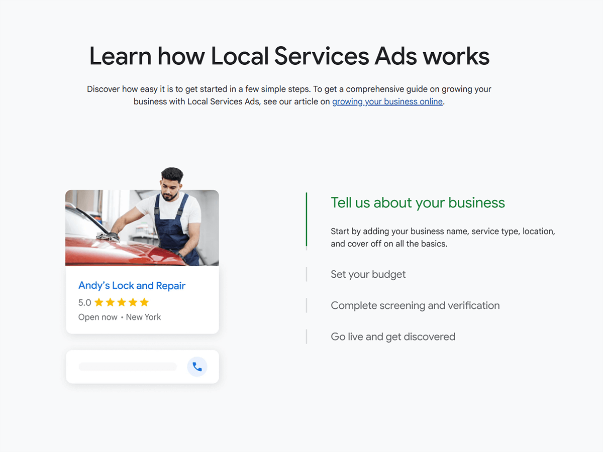 Google Local Services Ads interface showing step by step how to start local search advertising.