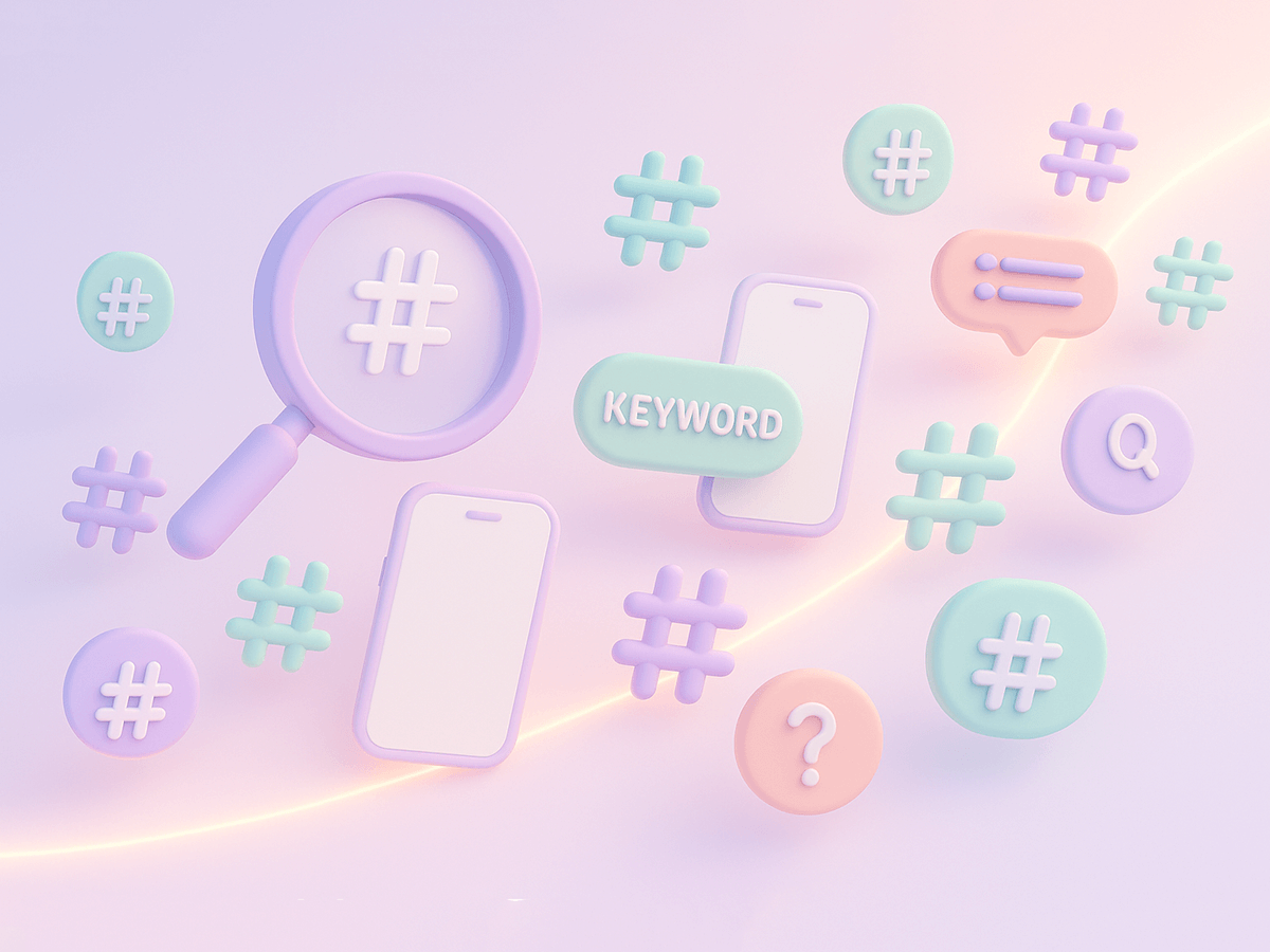 Visual elements of hashtags and search icons illustrating Instagram hashtag strategy.