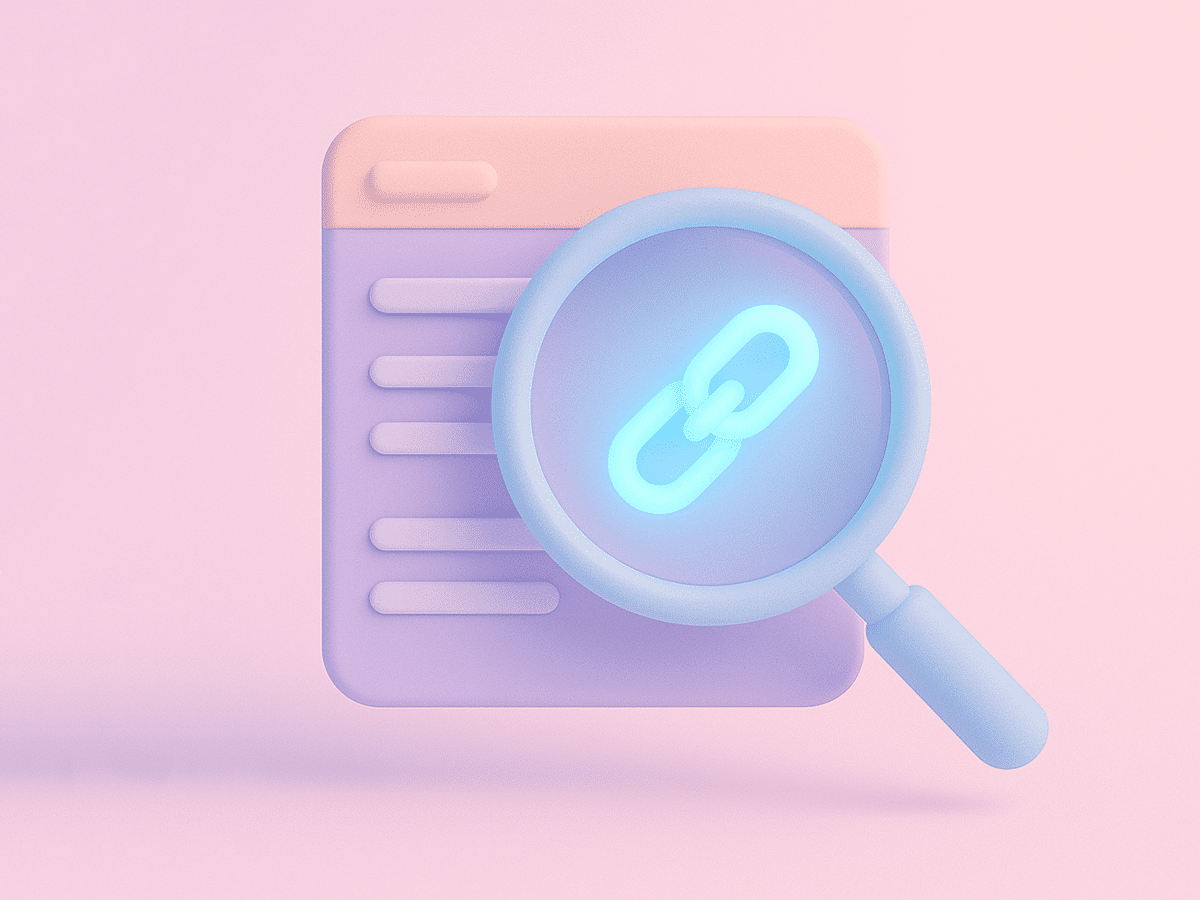 A magnifying glass over a hyperlink icon, highlighting anchor text as a small detail with a big impact on SEO.