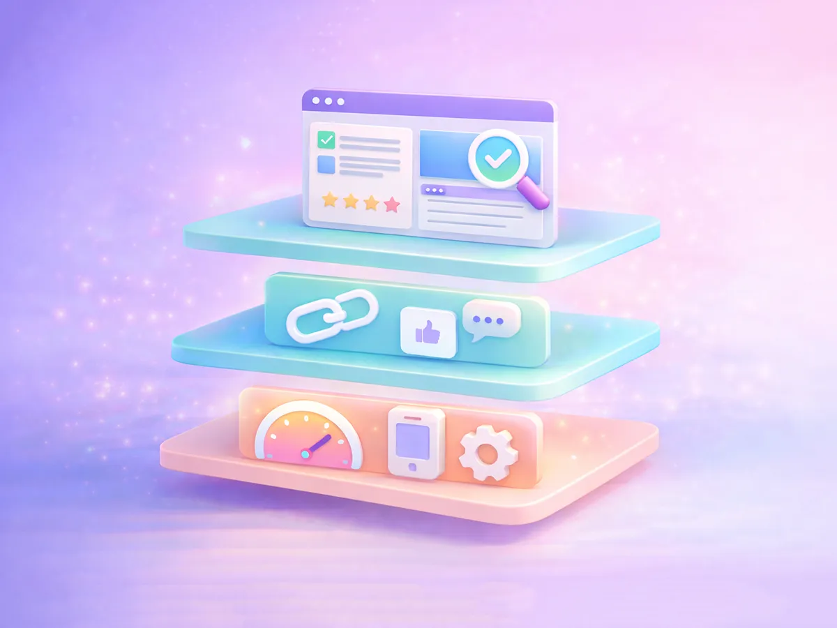 3D illustration represents three core areas of an SEO audit, including on-page, off-page, and technical SEO.