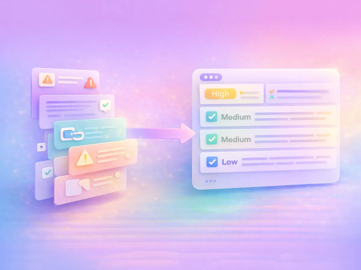 Visual showing an SEO audit report process that categorizes website issues by priority level.