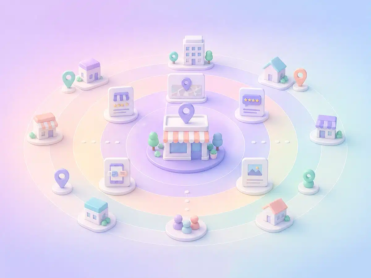 3D illustration showing local SEO benefits like business visibility, customer trust, and attracting nearby customers.