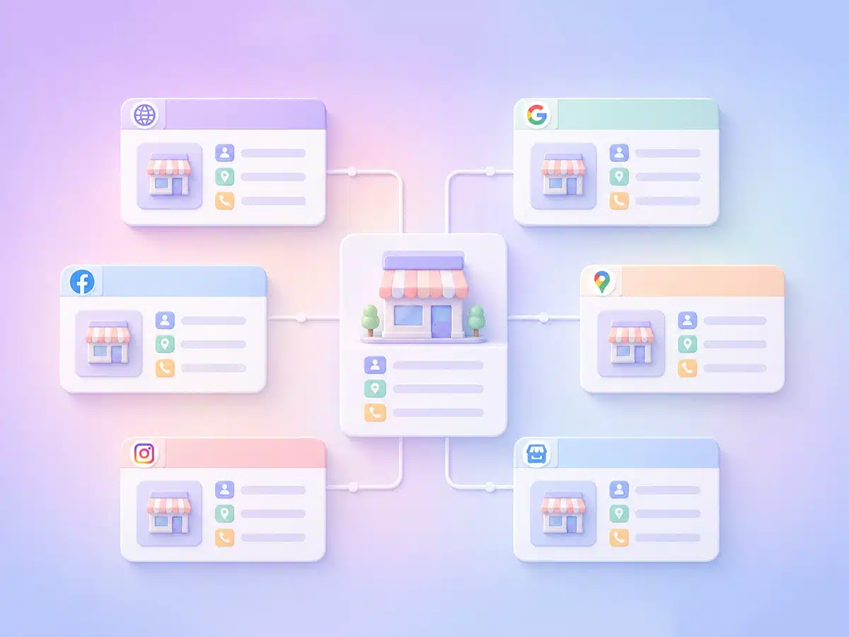 A visual of a local SEO strategy, highlighting consistent business details across directories, social media, and the website.