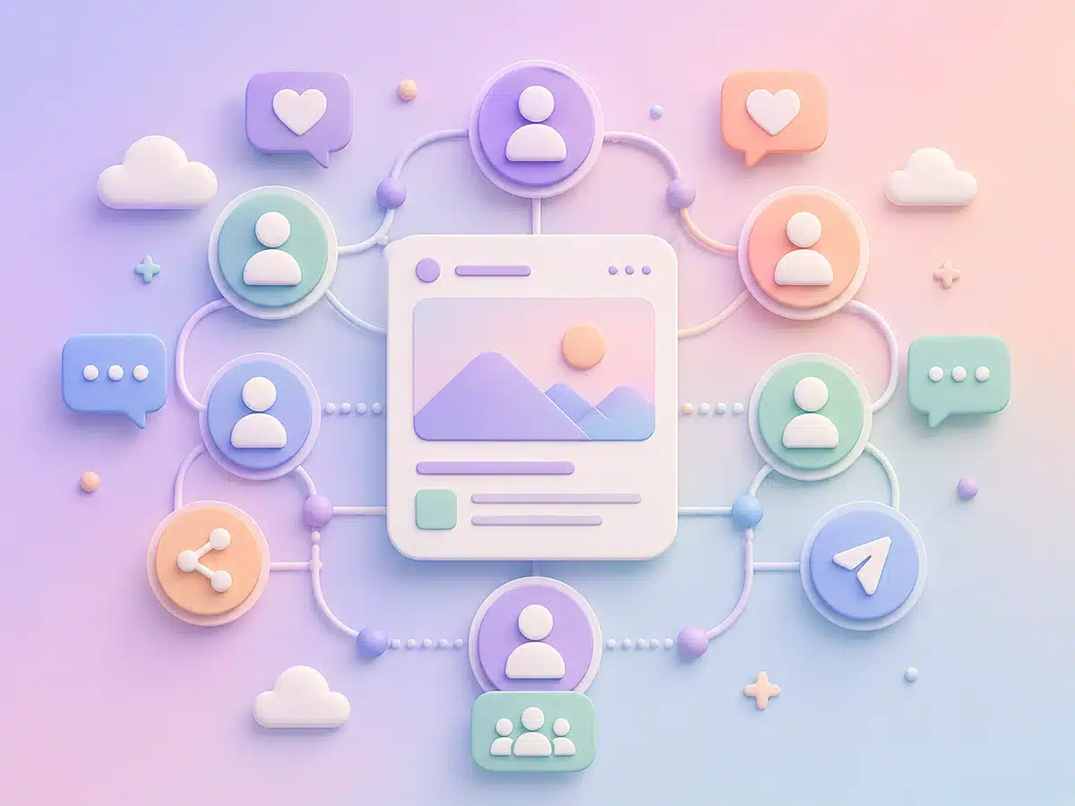 3D illustration of a social media post connected to users and icons, reflecting audience engagement with social media trends.
