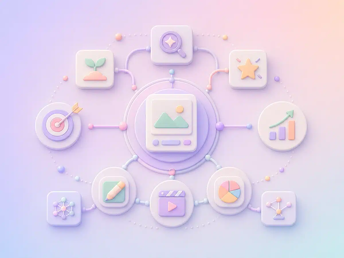 3D illustration of connected icons representing content creation and social media marketing strategy to keep up with trends.