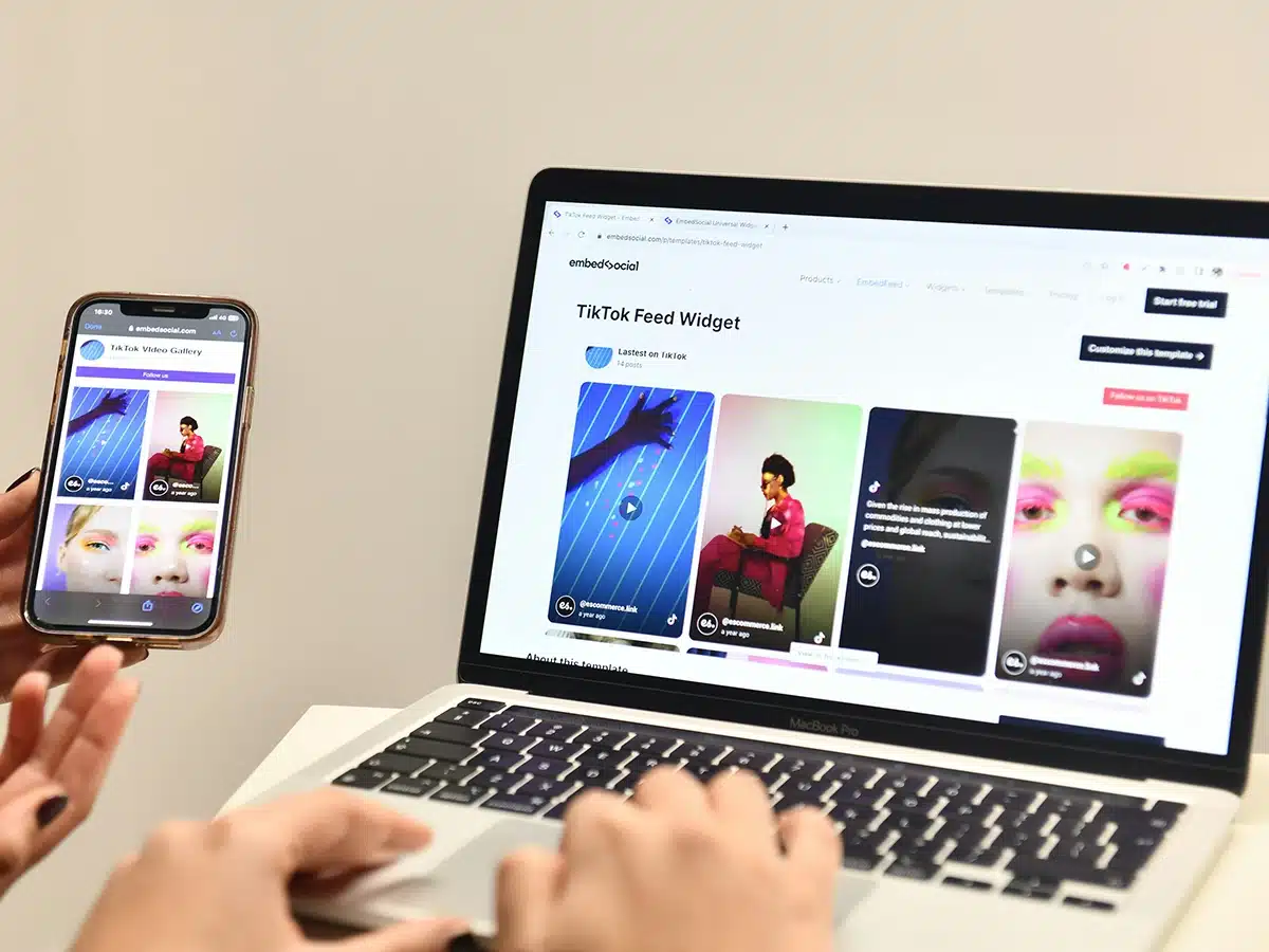 TikTok video gallery widget displayed on mobile and desktop website screens.