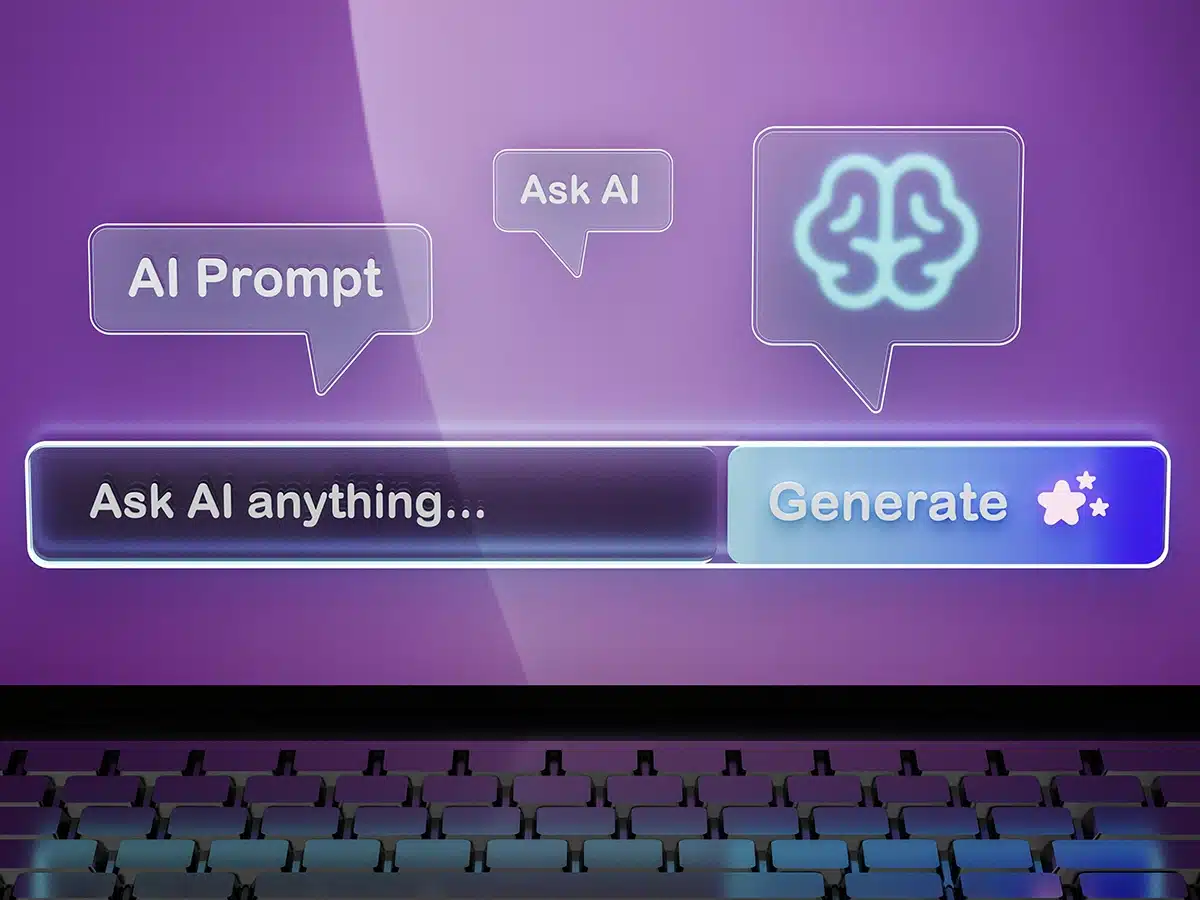 An AI prompt box featuring a "Generate" button, with speech bubbles and an AI brain icon floating above it.