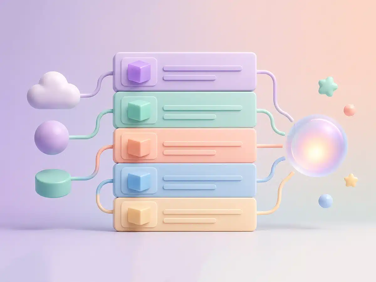 3D illustration of five connected content cards, representing content strategies to maximize GEO visibility.