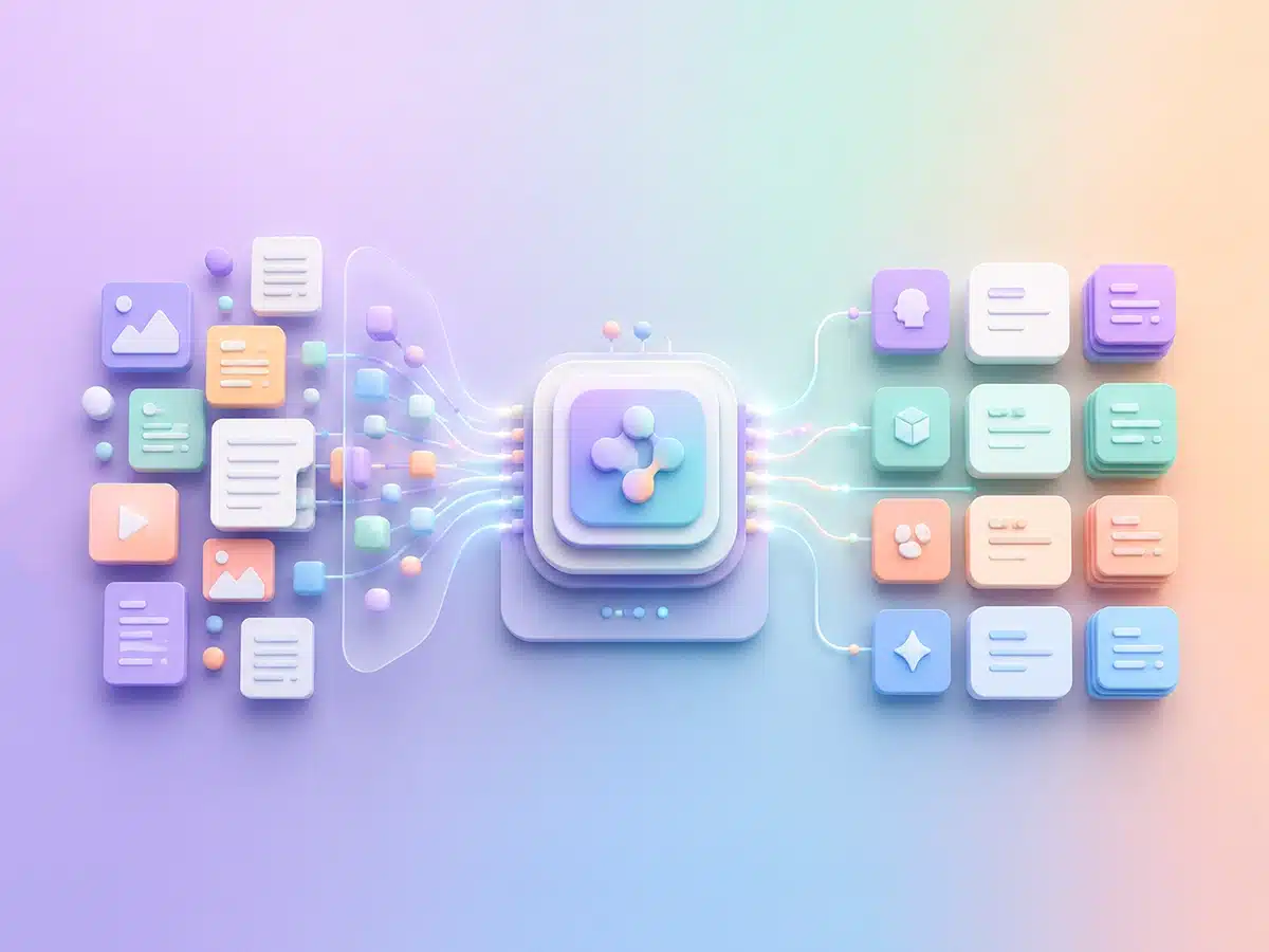 Visual of digital content being processed by an AI system, representing content optimization for AI search visibility.