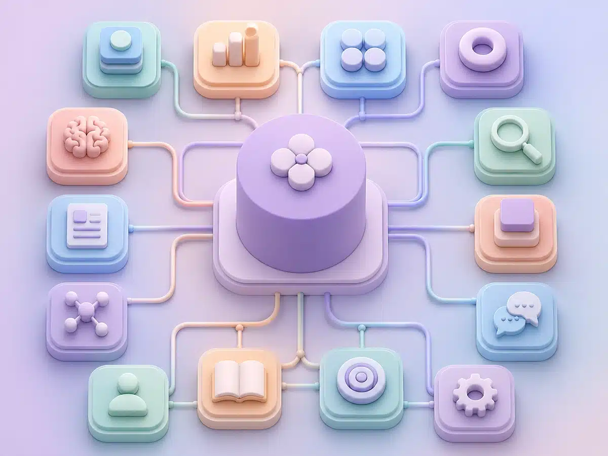 Multiple 3D icons connected to each other and to a central hub, illustrating a website's topical authority.