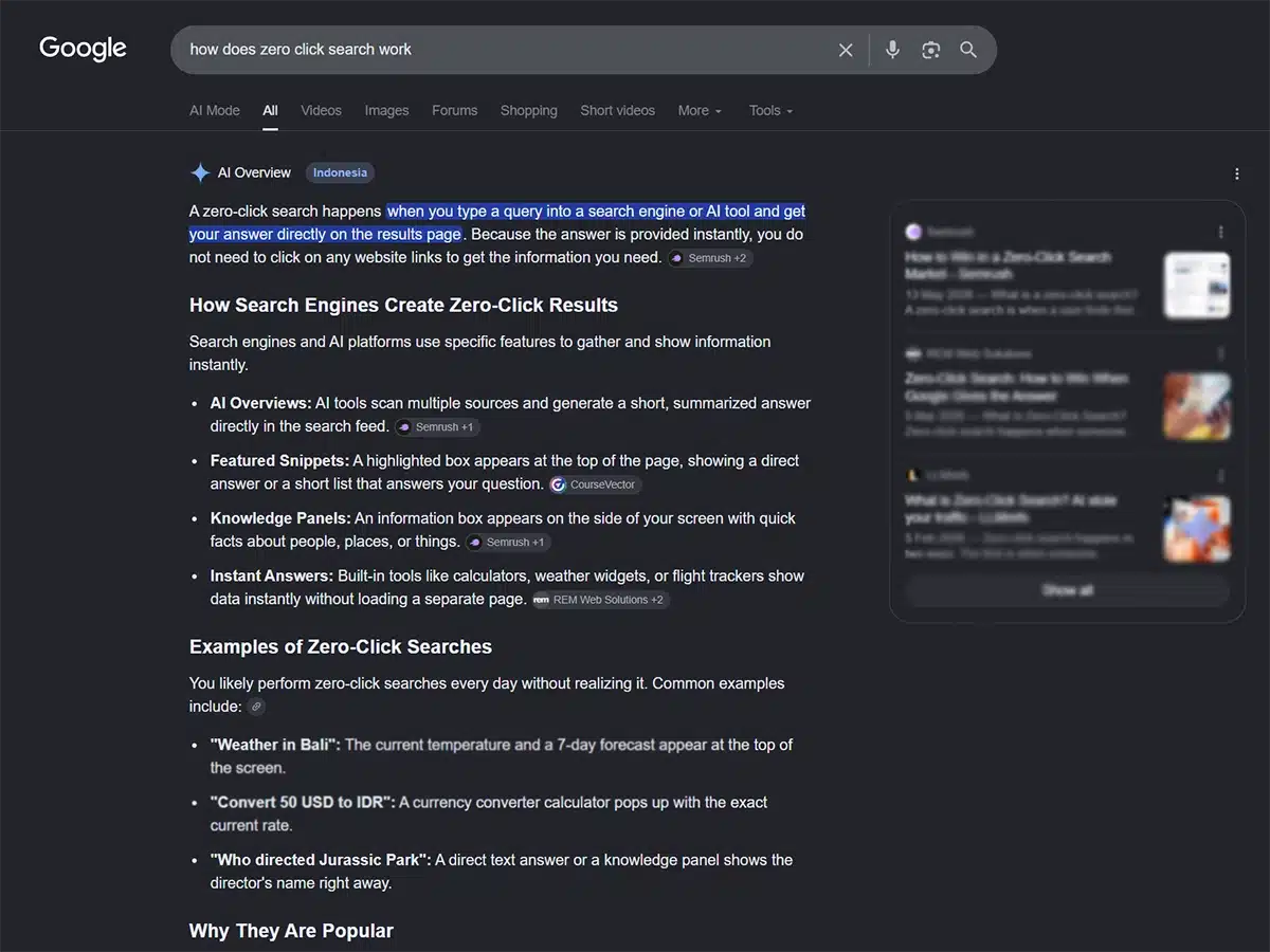 Search Engine Results Page view of Google's AI Overview answering how zero-click search works directly on the page.