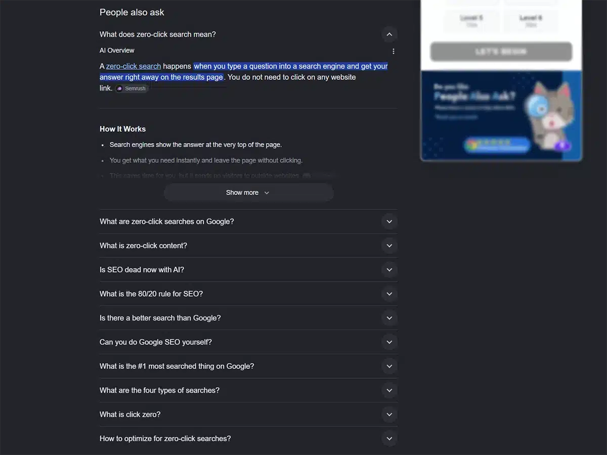 Search Engine Results Page shows the 'People Also Ask' section on how zero-click search works under the AI Overview section.