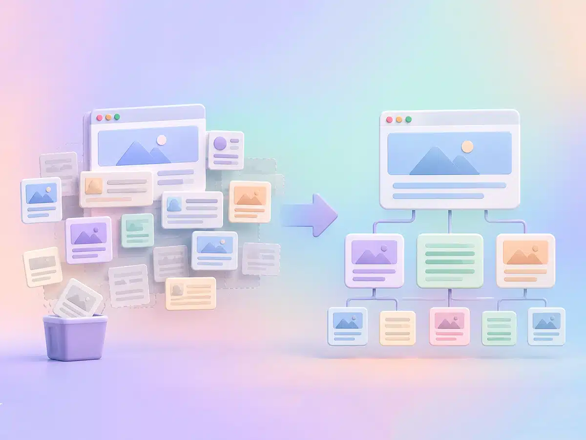 Illustration of messy web pages being organized into a well-structured website through content pruning.