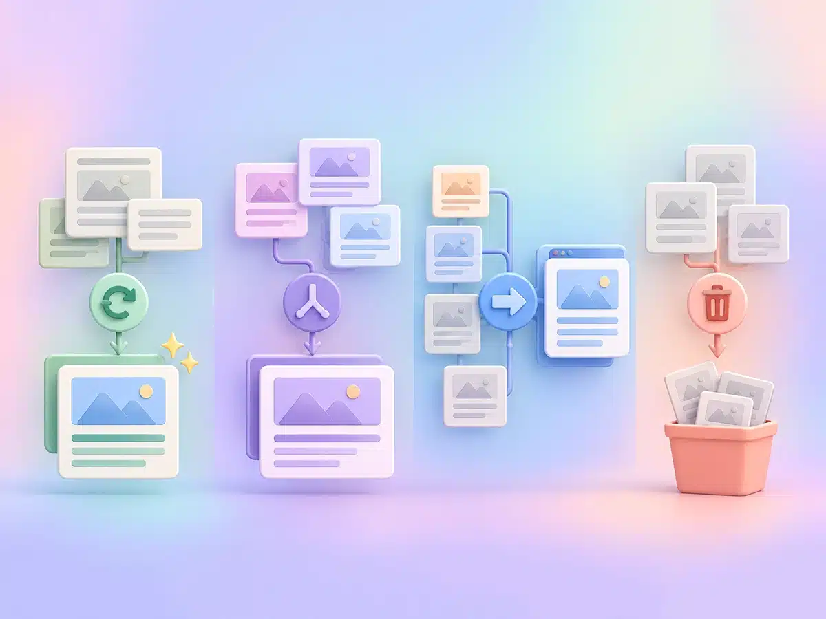 Illustrated panels showing four content pruning options: updating, merging, redirecting, and deleting pages.