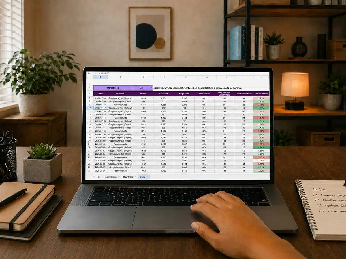 Person reviewing website traffic and engagement metrics in a spreadsheet on a laptop.