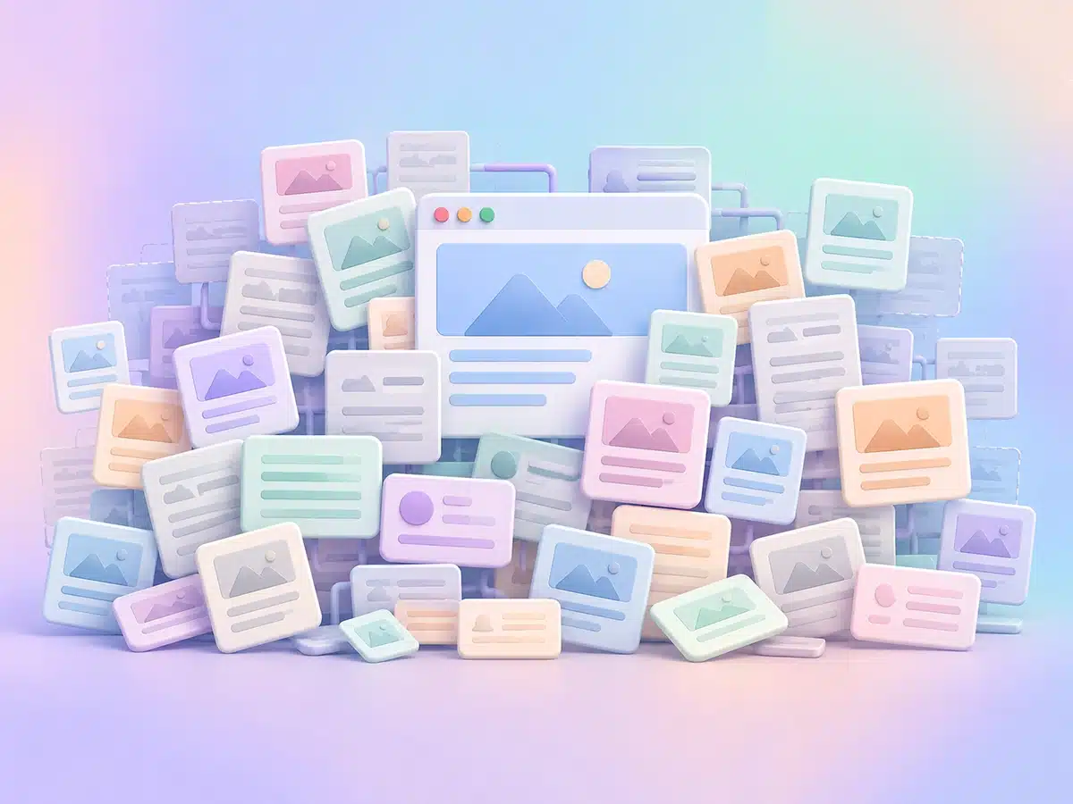 Visual of a website cluttered with outdated and overlapping pages that obscure important content.